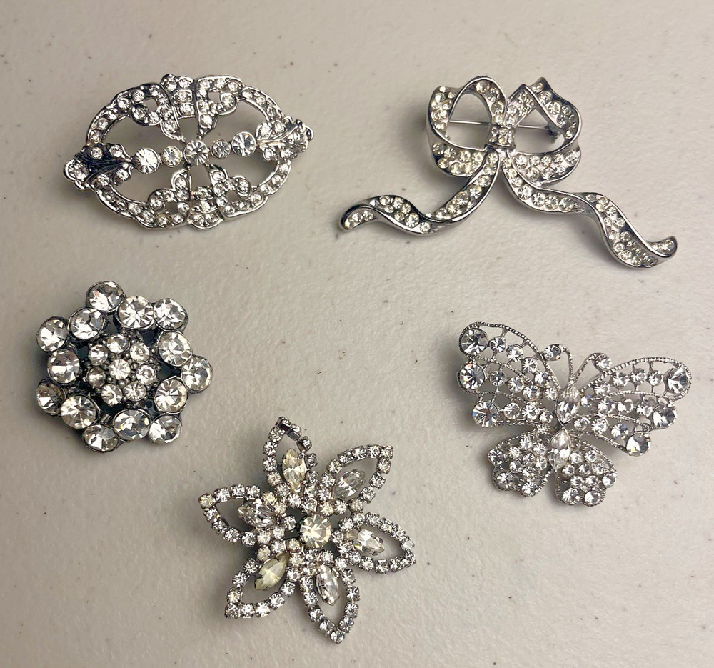 Brooch Pin Lot Clear White Rhinestone Silver Tone Flower Butterfly Snowflake